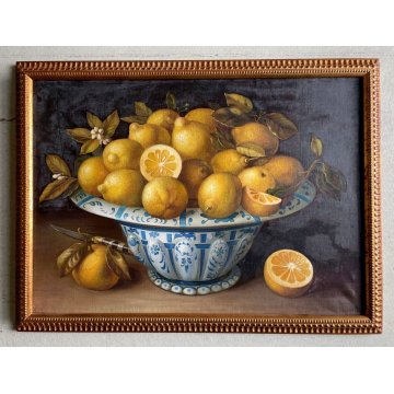 QUADRO DIPINTO OLIO TELA NATURA MORTA FRUTTA LIMONI CIOTOLA CERAMICA TAVOLO '900