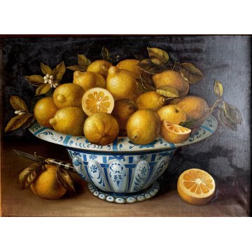 QUADRO DIPINTO OLIO TELA NATURA MORTA FRUTTA LIMONI CIOTOLA CERAMICA TAVOLO '900