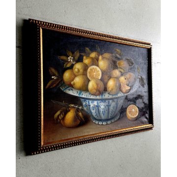 QUADRO DIPINTO OLIO TELA NATURA MORTA FRUTTA LIMONI CIOTOLA CERAMICA TAVOLO '900