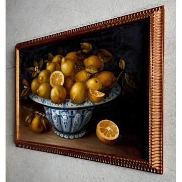 QUADRO DIPINTO OLIO TELA NATURA MORTA FRUTTA LIMONI CIOTOLA CERAMICA TAVOLO '900