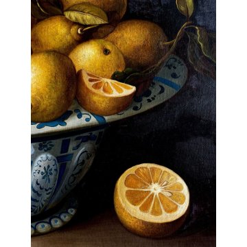 QUADRO DIPINTO OLIO TELA NATURA MORTA FRUTTA LIMONI CIOTOLA CERAMICA TAVOLO '900