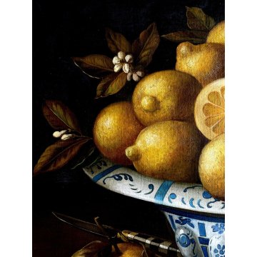 QUADRO DIPINTO OLIO TELA NATURA MORTA FRUTTA LIMONI CIOTOLA CERAMICA TAVOLO '900