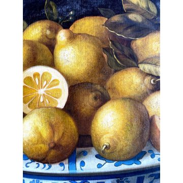 QUADRO DIPINTO OLIO TELA NATURA MORTA FRUTTA LIMONI CIOTOLA CERAMICA TAVOLO '900