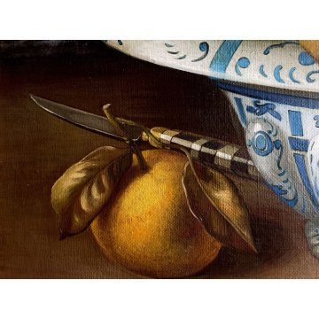 QUADRO DIPINTO OLIO TELA NATURA MORTA FRUTTA LIMONI CIOTOLA CERAMICA TAVOLO '900