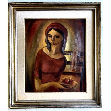 QUADRO DIPINTO OLIO A. Capocci RITRATTO FIGURA DONNA CON PIATTO e FRUTTA '60