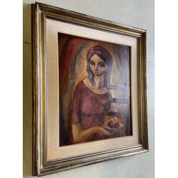 QUADRO DIPINTO OLIO A. Capocci RITRATTO FIGURA DONNA CON PIATTO e FRUTTA '60