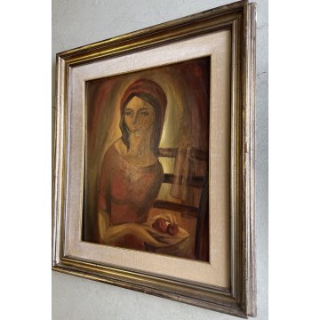 QUADRO DIPINTO OLIO A. Capocci RITRATTO FIGURA DONNA CON PIATTO e FRUTTA '60