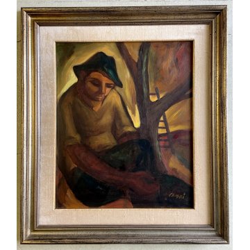 QUADRO DIPINTO OLIO A. Capocci RITRATTO FIGURA UOMO CONTADINO ALBERO SCALA '60