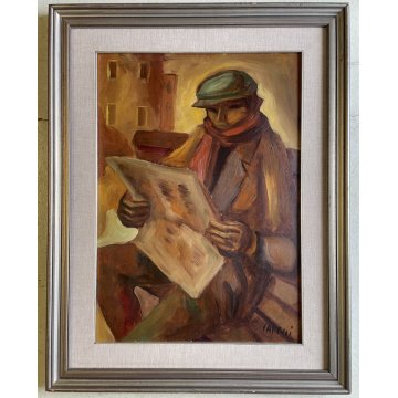 QUADRO DIPINTO OLIO TAVOLA A. Capocci RITRATTO FIGURA DI UOMO CON GIORNALE '60