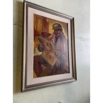 QUADRO DIPINTO OLIO TAVOLA A. Capocci RITRATTO FIGURA DI UOMO CON GIORNALE '60