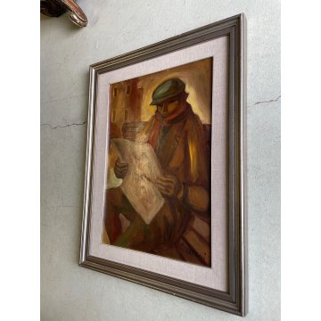 QUADRO DIPINTO OLIO TAVOLA A. Capocci RITRATTO FIGURA DI UOMO CON GIORNALE '60