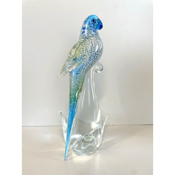 SCULTURA PAPPAGALLO VETRO Murano AZZURRO AVVENTURINA 24,5 cm/h VINTAGE 70s