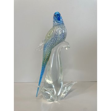 SCULTURA PAPPAGALLO VETRO Murano AZZURRO AVVENTURINA 24,5 cm/h VINTAGE 70s