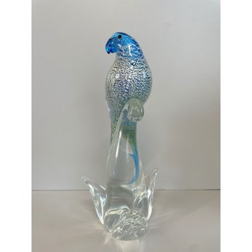 SCULTURA PAPPAGALLO VETRO Murano AZZURRO AVVENTURINA 24,5 cm/h VINTAGE 70s