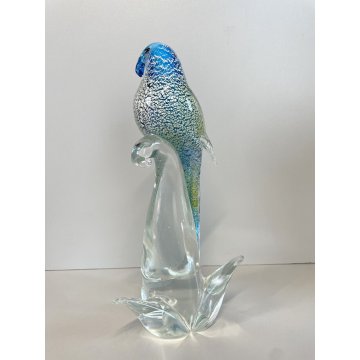 SCULTURA PAPPAGALLO VETRO Murano AZZURRO AVVENTURINA 24,5 cm/h VINTAGE 70s