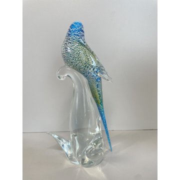 SCULTURA PAPPAGALLO VETRO Murano AZZURRO AVVENTURINA 24,5 cm/h VINTAGE 70s