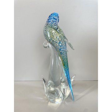 SCULTURA PAPPAGALLO VETRO Murano AZZURRO AVVENTURINA 24,5 cm/h VINTAGE 70s