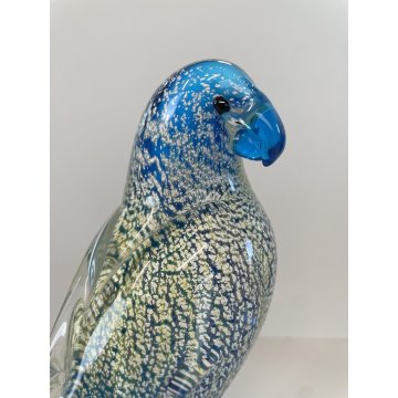 SCULTURA PAPPAGALLO VETRO Murano AZZURRO AVVENTURINA 24,5 cm/h VINTAGE 70s