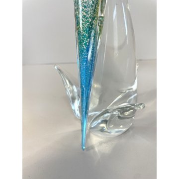 SCULTURA PAPPAGALLO VETRO Murano AZZURRO AVVENTURINA 24,5 cm/h VINTAGE 70s