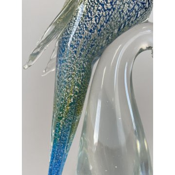 SCULTURA PAPPAGALLO VETRO Murano AZZURRO AVVENTURINA 24,5 cm/h VINTAGE 70s