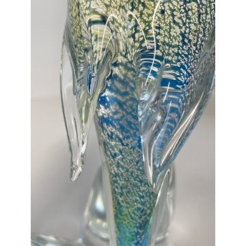 SCULTURA PAPPAGALLO VETRO Murano AZZURRO AVVENTURINA 24,5 cm/h VINTAGE 70s