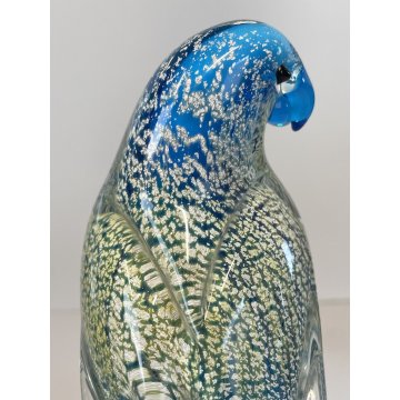 SCULTURA PAPPAGALLO VETRO Murano AZZURRO AVVENTURINA 24,5 cm/h VINTAGE 70s