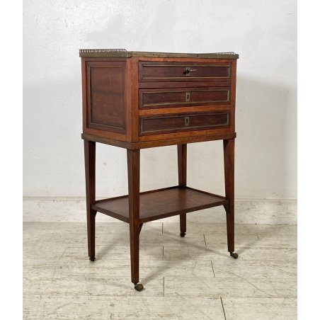 ANTICO COMODINO SALOTTO LUIGI XVI 1900 LEGNO MOGANO 3 CASSETTI BRONZO MARMO OLD