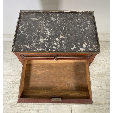 ANTICO COMODINO SALOTTO LUIGI XVI 1900 LEGNO MOGANO 3 CASSETTI BRONZO MARMO OLD