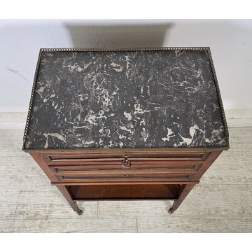 ANTICO COMODINO SALOTTO LUIGI XVI 1900 LEGNO MOGANO 3 CASSETTI BRONZO MARMO OLD