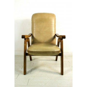 ANTICA POLTRONA RECLINABILE ARMCHAIR FAUTEUIL LEGNO ECOPELLE 1960/70 OLD 