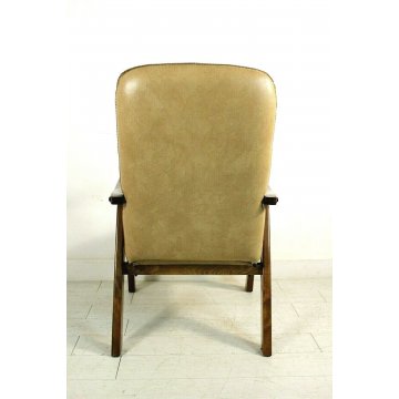 ANTICA POLTRONA RECLINABILE ARMCHAIR FAUTEUIL LEGNO ECOPELLE 1960/70 OLD 