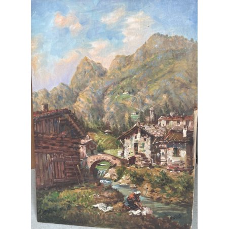 QUADRO DIPINTO OLIO TELA Goffredo Guidi paesaggio MONTANO LAVANDAIA BAITA Ossola