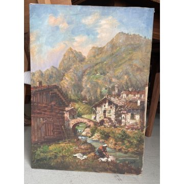 QUADRO DIPINTO OLIO TELA Goffredo Guidi paesaggio MONTANO LAVANDAIA BAITA Ossola