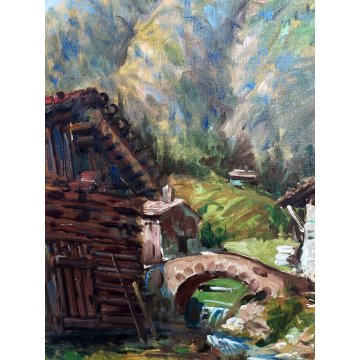 QUADRO DIPINTO OLIO TELA Goffredo Guidi paesaggio MONTANO LAVANDAIA BAITA Ossola