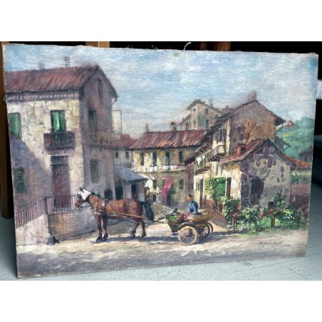 QUADRO DIPINTO OLIO TELA Goffredo Guidi paesaggio Arona Borgo lago Maggiore case