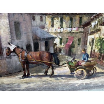 QUADRO DIPINTO OLIO TELA Goffredo Guidi paesaggio Arona Borgo lago Maggiore case