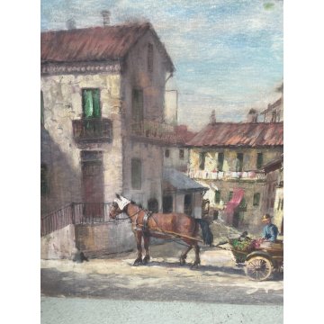 QUADRO DIPINTO OLIO TELA Goffredo Guidi paesaggio Arona Borgo lago Maggiore case