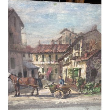 QUADRO DIPINTO OLIO TELA Goffredo Guidi paesaggio Arona Borgo lago Maggiore case