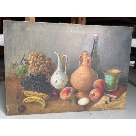 QUADRO DIPINTO OLIO TELA Goffredo Guidi natura morta uva mele vaso 1800 brocca