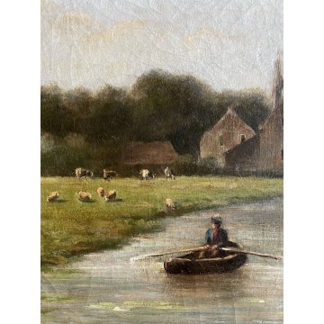 ANTICO DIPINTO OLIO J.J. Dastree  PAESAGGIO NORDICO FLUVIALE FIGURE BARCHE 1888