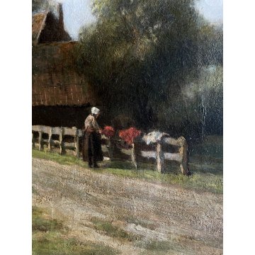 ANTICO DIPINTO OLIO J.J. Dastree  PAESAGGIO NORDICO FLUVIALE FIGURE BARCHE 1888