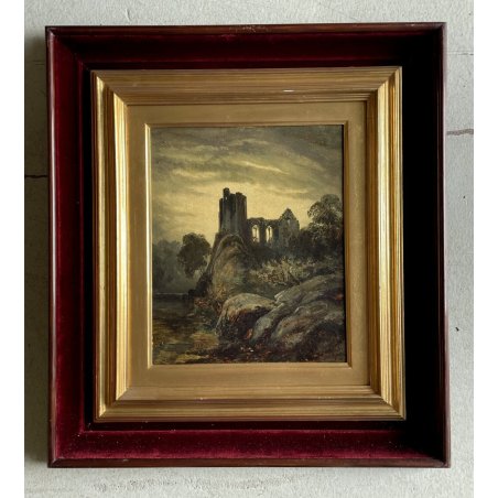 ANTICO DIPINTO PAESAGGIO ROMANTICO ROVINE ARCHITETTONICHE LAGO CHIESA GOTICA