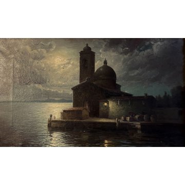 ANTICO GRANDE QUADRO OLIO Egidio Da Rubelli PAESAGGIO NOTTURNO MARINA LANTERNA