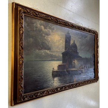 ANTICO GRANDE QUADRO OLIO Egidio Da Rubelli PAESAGGIO NOTTURNO MARINA LANTERNA