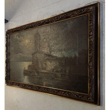 ANTICO GRANDE QUADRO OLIO Egidio Da Rubelli PAESAGGIO NOTTURNO MARINA LANTERNA