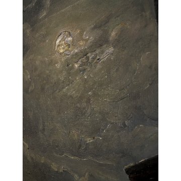 ANTICO GRANDE QUADRO OLIO Egidio Da Rubelli PAESAGGIO NOTTURNO MARINA LANTERNA