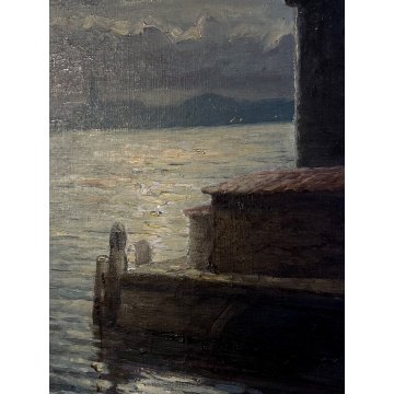 ANTICO GRANDE QUADRO OLIO Egidio Da Rubelli PAESAGGIO NOTTURNO MARINA LANTERNA