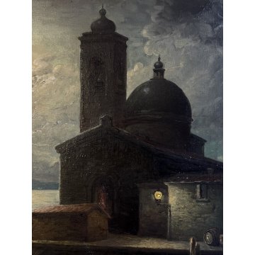 ANTICO GRANDE QUADRO OLIO Egidio Da Rubelli PAESAGGIO NOTTURNO MARINA LANTERNA