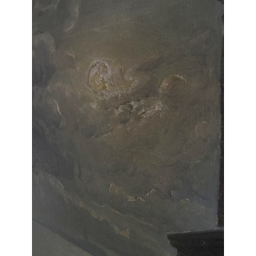 ANTICO GRANDE QUADRO OLIO Egidio Da Rubelli PAESAGGIO NOTTURNO MARINA LANTERNA