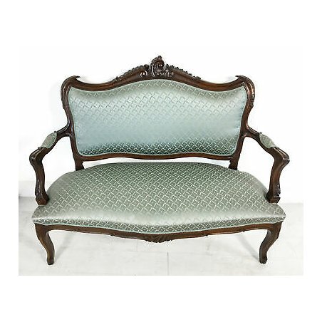 ANTICO DIVANO DIVANETTO STILE LUIGI FILIPPO LEGNO NOCE EPOCA 1900 AZZURRO SOFA'